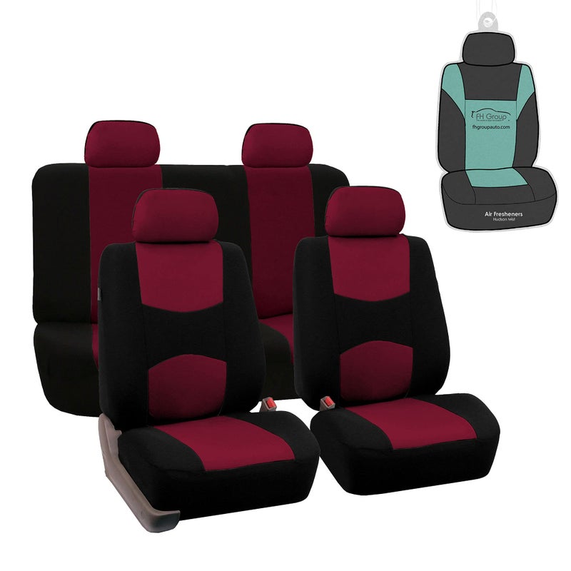 FH Group Flat Cloth Seat Covers Front Seat and Solid Rear Bench Full Set with Gift - Universal Fit for Cars, Trucks & SUVs (Burgundy) - Image 1